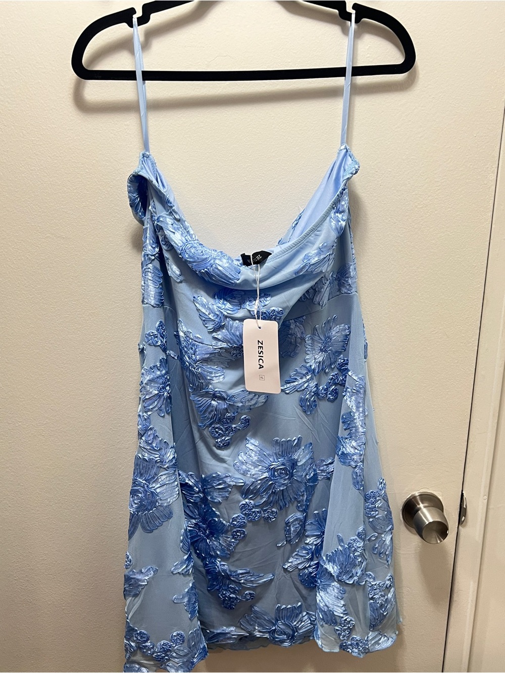 Strapless Light Blue Floral Appliqué Mini Dress - Picture 4 of 15